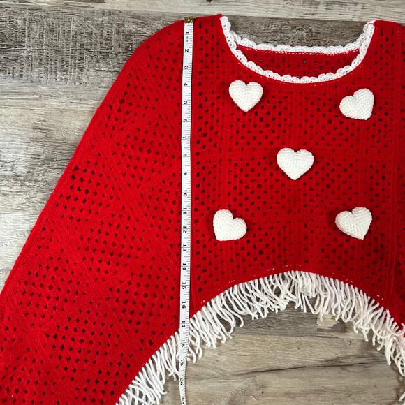 Handmade Crochet Sweater Red White Heart Fringe Festival Top Valentine Boho - Picture 7 of 7